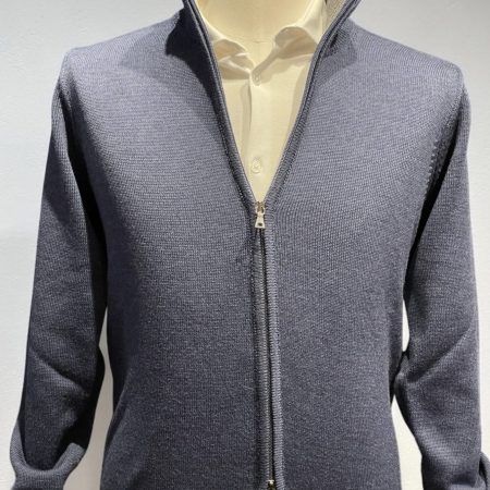 Maglia in pura lana doppio filo full zip blu polvere