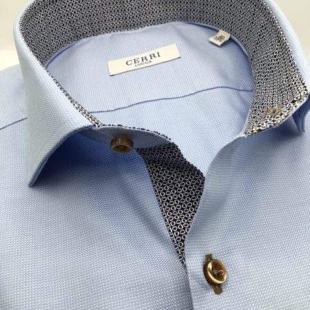 camicia celeste puro cotone panama con contrasti marrone
